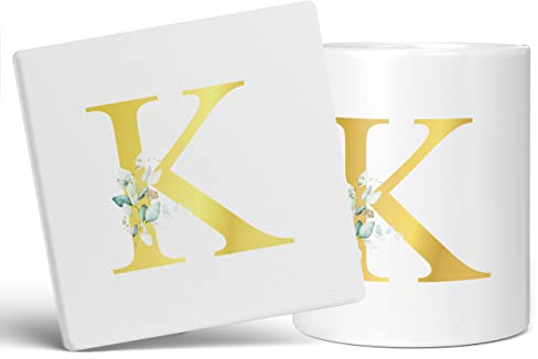Tazza personalizzata con lettera K floreale iniziale, regalo personalizzato, lettera stampata effetto oro, non metallica, tazza da caffè in ceramica per uomini o donne, tazza extra grande e gigante,