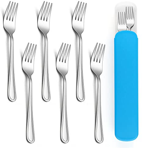 Kindergabel Set, Herogo 7 Stück Edelstahl Kinderbesteck mit Blauem Etui, Tragbares Kinder Gabeln Kindergeschirr für Kindergarten, Schule, Reise, Grill, Spiegelfinish & Spülmaschinenfest, Metall Silber