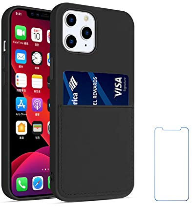 Ultra Slim Liquid Silicon Gel Case Compatible with iPhone 12,for iPhone 12 Pro 6.1 inch 2020 with Card Holder Sleeves Slot Anti-Scratch Shockproof Wallet Cover with Screen Protector (Black)