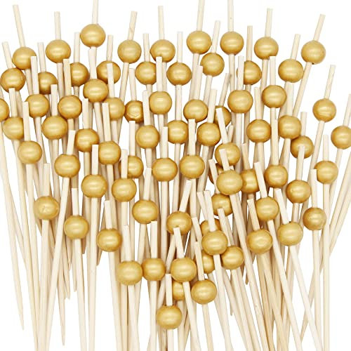 EuTengHao 300Pcs Cocktail Picks 4.7 Inch Bamboo Cocktail Sticks Skewers for Appetizers, Desserts, Drinks, Charcuterie, Birthday Party Wedding Party Fancy Toothpicks with Gold Pearl