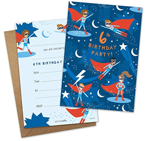 James Ellis Einladungskarten für Kinder, Superhelden-Geburtstag, 6 Jahre, mit Umschlägen, 8 Stück