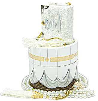 ihvan online, Islamisches Gebet Zylinder Geschenkbox mit elegantem samtiger MINI QURAN & PRETERE Perlen Tesbih, Ramadan & Eid Geschenk, Weiß