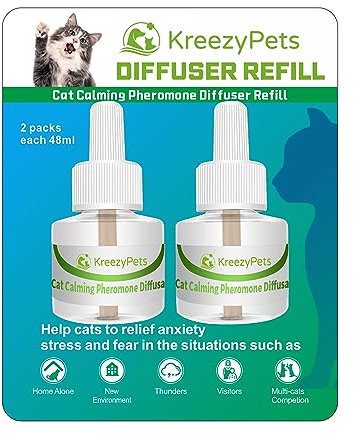 KreezyPets Recarga difusor calmante para gatos, paquete de 2, feromonas calmantes que ayudan a los gatos a relajarse y aliviar la ansiedad, duran 60 días
