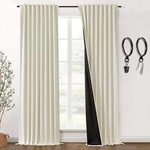 SHINELAND Verdunkelungsvorhänge, extra lang, für Wohnzimmer, großes Fenster, mit Clip-Ringen, Haken, verdunkelnde Vorhänge, 308 cm Länge, für Schlafzimmer, 2 Paneele, creme-beige, 3 m