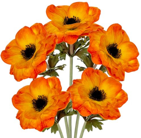 Briful 5er Set Künstliche Anemonen Kunstblumen Wie Echt Kunstzweige Orange Frühlingsblumen, Länge 53 cm, Dekoblumen für Blumengesteck Home Resto Büro Dekoration