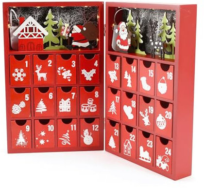 Rebecca Mobili Befüllbarer Adventskalender mit Schubladen und Lichtern, Holz, Rot, Wiederverwendbar, Weihnachtsgeschenkideen - Abmessungen HxBxT: 31 x 42 x 4,5 cm - Art. RE6891