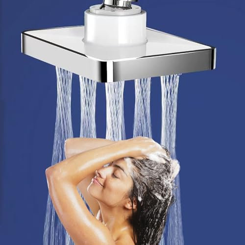 JINYOMFLY Cabezal de Ducha de Masaje, Cuadrado Cabezal de Ducha Lluvia Fijo, Grande Alcachofa de Ducha Alta Presion, Salida de Agua Extraíble (Plata)