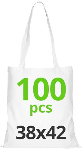 Baumwolltasche 38x42 cm, Packung mit unbedruckten Taschen, lange Träger, widerstandsfähige Stofftaschen, wiederverwendbare Einkaufstasche zum Bedrucken oder Bemalen, 38x42cm, Weiß, 100 Stück