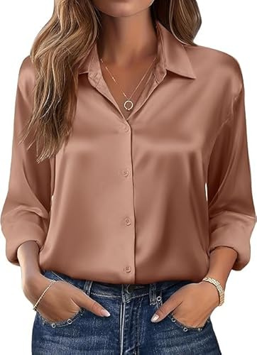 Beyove Chemisier Femme Satin Soie col en v Chemises élégant Manches Longues Affaires Hauts avec Boutons Hauts Chemise Ample à Manches Longues