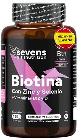 Biotine 10000 mcg Cheveux Peau Ongles – Complément avec Zinc Sélénium Vitamines B12 D – 365 comprimés – Sans Gluten Lactose – Sevens