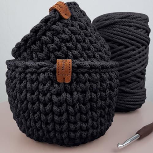 LIDAM 2 Körbe häkeln aus Baumwollgarn| Häkelset für Anfänger +Videoanleitung | Baumwollstrickschlauch, Häkelnadel, Lederettiketten, einfaches Häkeln für Anfänger (anthrazit)