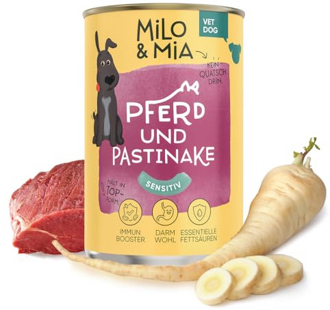 Milo & Mia - Nassfutter für Hunde Sensitiv, magenschonendes Hundefutter für Hunde mit Magen-Darm-Erkrankungen, weizenfreies Monoprotein Nassfutter aus natürlichen Zutaten: Pferd & Pastinake (6x400g)