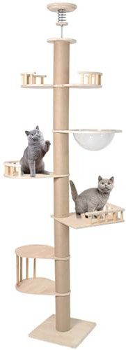 RUYICZB Modern Wooden Floor-To-Ceiling Cat Tree Tower with Natural Sisal Scratching Post Cat Condo, Height 90-96Inch Activity Center Cat Climbing Tower for Kittens & Large Cats