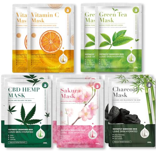 Shefave 10Pcs Pflanze Tuchmasken Gesicht, 5 Arten Gesichtsmasken Set, Feuchtigkeitsspendende Maske mit Hyaluron, Vitamin C, Green Tea Mask Hautpflege Face Mask (Multicoloured)
