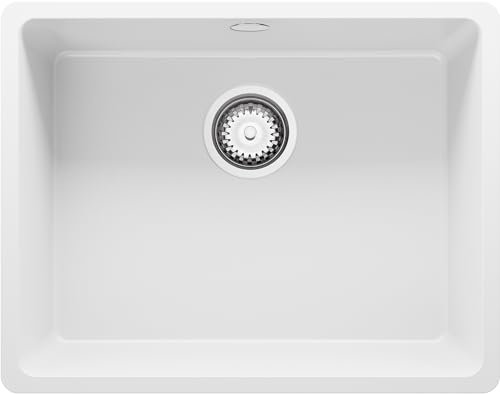 PRIMAGRAN Fregadero Cocina Blanco 56x44cm, Granito 1 Seno + Sifón, Sobre encimera al mueble 60cm - Venecia Slim Easy
