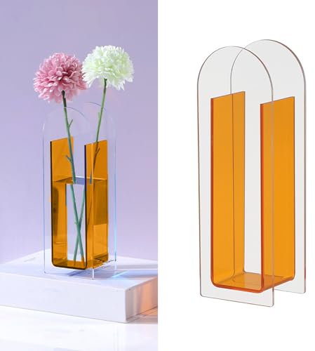 INIFLM Jarrón Transparente para Flores Minimalista Colorido Florero Decorativo, Moderno Jarrón Acrílico Transparente, Jarrones de Cristal Acrílico Transparente(Naranja Vibrante Semi Colorido)