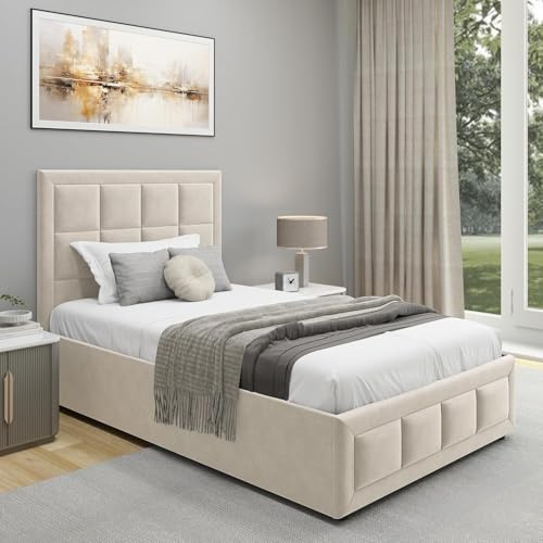 Upholstered Ottoman Bed Single Bed Frame UKFR Velvet Beige Ottoman Storage Bed With Gas Lift End Opening Wooden Slats With Storage Bed (3ft Single 90 x 190, No Mattress)