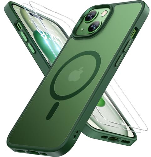 Miracase Magnetisch für iPhone 15 Hülle Kompatibel Mit MagSafe[mit 2 Schutzglas] Militärnorm Schutz Anti-Fingerabdruck Schlanke Ausführung Handyhülle für iPhone 15 6,1 Zoll, Matt-Grün