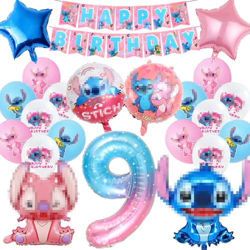 Sti-tch Geburtstagsdeko Junge Mädchen 9 Jahre, 26 Stück Kindergeburtstag Sti-tch Luftballons Geburtstag Set, Sti-tch Helium Ballon 9, Stich Geburtstag Party Deko Ballons Set für Kinder (9 Jahre)
