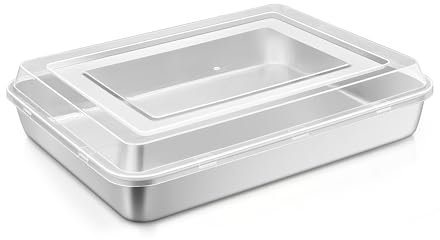 Joyfair Bandeja de horno rectangular de acero inoxidable con tapa de plástico, bandeja grande para asar lasaña brownie, acabado cepillado y fácil de limpiar, 31,6 x 24 cm, 6 x 5 cm