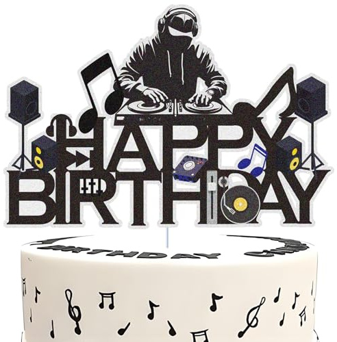 Dj Disco Happy Birthday Cake Topper Music Rock Disco Hip Hop Black Glitter Cake Decoration Carnival party Dj Disco Unisex adult Theme Birthday Party Supplies