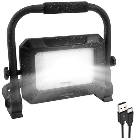ANSMANN LED Arbeitsleuchte, 4500 Lumen,wiederaufladbar, Spritzwasserschutz, robuster Baustrahler für Werkstatt, Baustelle, 50 Watt, 2 Helligkeitsstufen