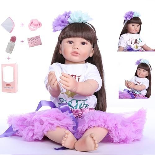 RUNGQIANY Realistica 55 cm Bambole Reborn-Bambole Reborn Realistica, 22 Pollici, con Accessori, Vestito Viola e Fiore Bambole Reborn Femmina Ragazzi Ragazze Giocattoli Regali di Natale