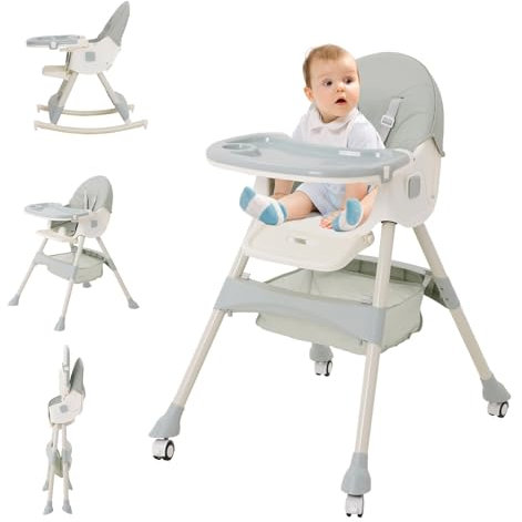 3in1 Hochstuhl Baby mit liegefunktion Hochstuhl, Höhenverstellbar Verstellbare Rückenlehne Klappbar,Kinderhochstuhl mit Tablett und Rollen,Mitwachsend ab 0 Monate bis 6 Jahre Babystuhl,Grün