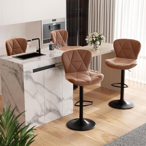 Hawthyhome Barhocker 4er Set |Barstuhl Höhenverstellbar mit Rückenlehne, Höhenverstellbar, 360° Drehbar, Kunstleder, für Esszimmer Heimbar Kücheninsel, 4 x Hocker, Braun