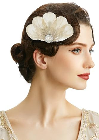 BABEYOND 20s Gatsby Flapper Kopfschmuck - 1920er Pfauenfeder Haarspange Damen Haarnadel mit Strasssteinen Beige