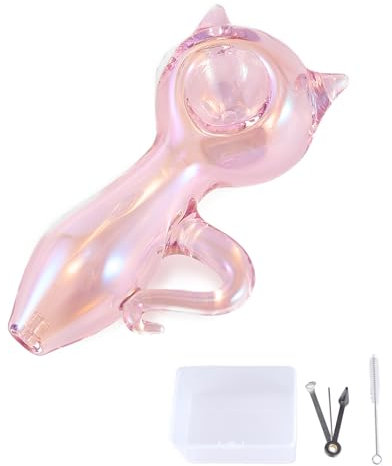 LIVBTS Handcrafted Glass Herb Pipe with Cute Cat Design, High Borosilicate Glass, Durable, Includes 3-in-1 Tool, Cleaning Brush, Storage Box – Cool Smoke and Easy Cleaning (Pink)