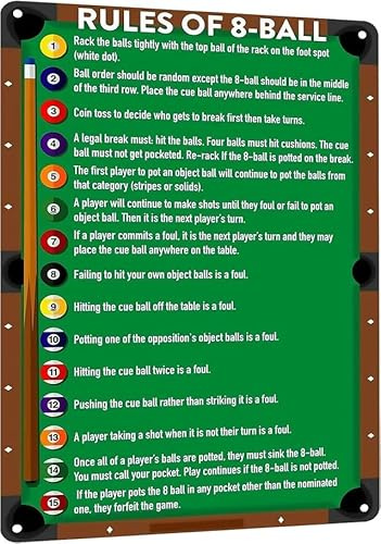 Geroclonup Aluminiumschild, klassisches Spielzimmer, Wandkunst, Blechposter für Billard-Liebhaber, Vintage-Regeln der 8-Ball-Metallschild, Retro-Schild, Club, Billard, Zimmer, Männerhöhle, Dekoration,