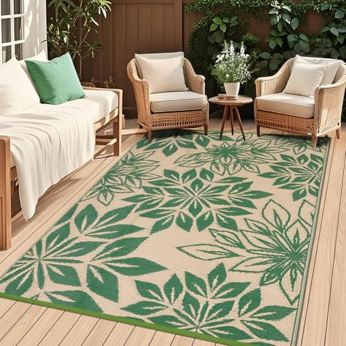 TUKDAK Outdoor Teppich Wetterfest 120×180cm, Grün UV-beständig Picknickdecke für den Outdoor, Wendbarer Outdoorteppich für Garten, Leichtgewicht Kunststoff Stroh Terrasse Matte für RV Picknick Balkon