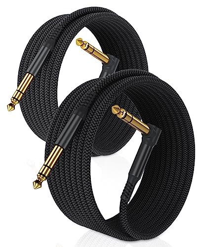 RUXELY 6.35mm TRS Instrument Cable 2M 2-Pack,Right Angle 90 Degree 1/4 Inch Male Jack Stereo Audio Cord,6.35 Balanced Line Lead for Electric Guitar,Bass,Keyboard,Mixer,Amplifier/AMP,Speaker,Equalizer