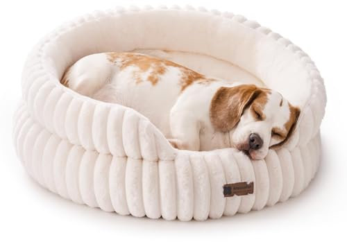 MEWOOFUN Stilvolle Katzenbetten für Katzen, weiches rundes Hundebett für kleine und mittelgroße Hunde, waschbares, beruhigendes Haustierbett (Beige, L)
