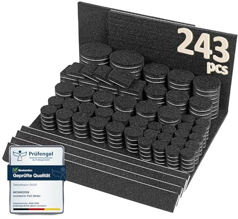 moinkerin Fieltro Adhesivo Muebles 243 Piezas Almohadillas de Fieltro Grosor 5mm Protector Patas Sillas para Pies de Muebles Antiarañazos & Reducción de Ruido Corte Cada Forma Negro