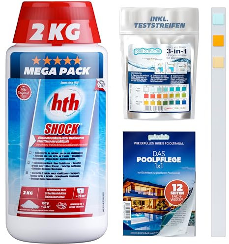 poolomio® Chlorgranulat für Pool HTH Shock 2 kg | Schnelllösliches, anorganisches Chlor Granulat zur Stoßchlorung und Schockchlorung | Schnelle Desinfektion bei grünem & trübem Wasser