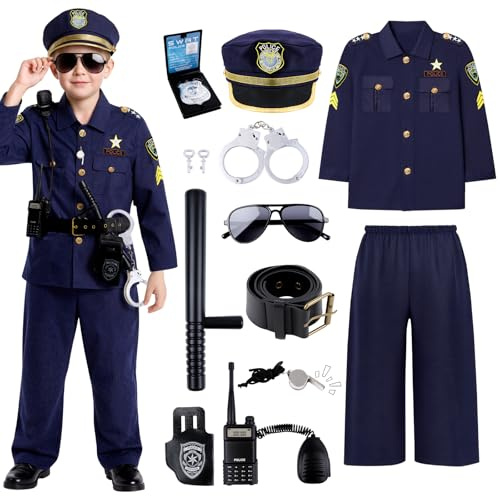 COSBERY Polizei Kostüm Kinder Jungen Mädchen, Karneval Halloween Kostüm Kinder Polizei Accessoires Einschließen Mütze Gürtel Walkie-Talkie Pfeife Holster Handschellen Schlagstock Dienstmarke Brille