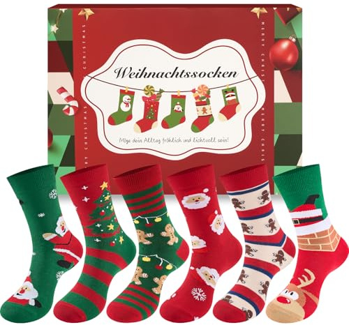 SukModen Weihnachtssocken Damen Herren 6 Paar 37-46, Lustige Socken Weihnachten Unisex mit Weihnachtsmotiv,Weihnachten Geschenke
