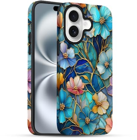 XTCASE 2 in 1 Case for iPhone 16, Dual Layer Protective with Stained Blossom Floral Pattern Design for Women Girls, Hard PC Back Anti-Fingerprint + TPU Inner Bumper Shockproof, Blue