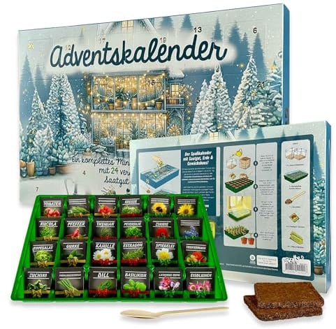 Adventskalender Schneegarten 2025 – Saatgut Adventskalender mit 24 Samenarten & Mini-Gewächshaus – Komplettes Anzuchtset mit Blumen-, Gemüse- & Kräutersamen – Geschenkidee Garten