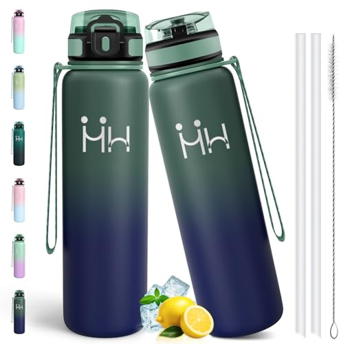 Motswedi Borraccia Termica 1 litro, Acciaio Inox Bottiglia Termica, Borraccia con Cannuccia, Isolamento Sottovuoto a Doppia Parete, per Campeggio, Yoga, Palestra, Verde scuro & Blu scuro
