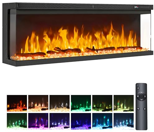 TAUS 50/127cm 3 in 1 Electric Fireplace, Wall Mounted/Recessed/Freestanding Electric Fire, 12 LED Color Flame Effect, Remote Control & Real Logs,900W/1800W Heater, Crystal & Log Set