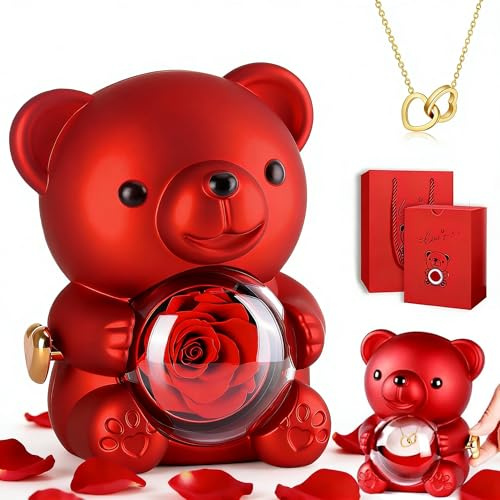 DWcouple Orso rosa eterno con confezione regalo, scatola eterna con collana, orso con rosa eterna, regalo di San Valentino, donna, regalo di compleanno donna, regalo festa della mamma