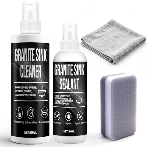 Granitspüle Reiniger, Granit Reniger, Entfernt Kalk Waserflecken, 250+100g | Spüle Reiniger 250ml + Imprägnieröl 100ml, Schützt Schwarz Mattierte Oberflächen, Reinigung Wasserabweisende für Granit Spüle
