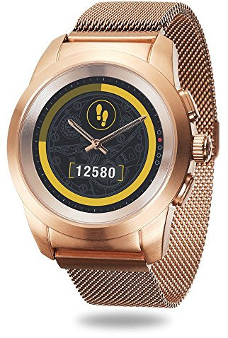 MyKronoz ZeTime Elite Reloj Inteligente híbrido 44mm con Agujas mecánicas sobre una Pantalla a Color táctil – Regular Cepillado Oro Rosa/Milanese