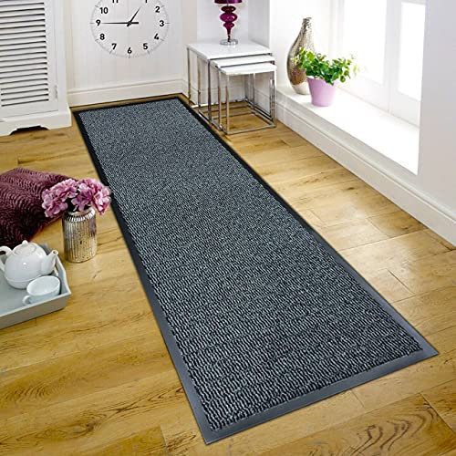 TrendMakers Large Big GREY Hardwearing Heavy Duty Black PVC Edge Pile Top Rubber Barrier Entrance Door Kitchen Utility Dust Floor Long Short Narrow Hall Hallway Runners Mats Rugs 90cm x 200cm