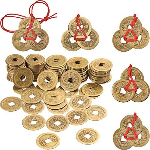 Boao 50 Stück 1 Zoll Chinese Feng Shui Münzen I Ching Münzen und 5 Sets Reichtum Münzen mit Roten Schnur für Reichtum und Viel Glück