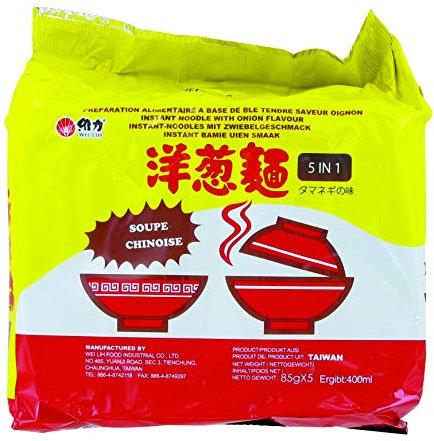 Pack de 5 Soupes / Nouilles instantanées saveur Oignon 85g - Prêt en 3 minutes - Marque Wei Lih (6 packs)