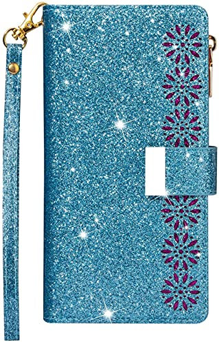Glitzer Schutzhülle für Samsung Galaxy A5 2017 Hülle Schön Bling Glänzend Brieftasche Ledertasche Lanyard Zipper Etui Wallet Tasche Lederhülle Flip Handyhülle 9 Kartenfächer Entwurf Blumen - Blau